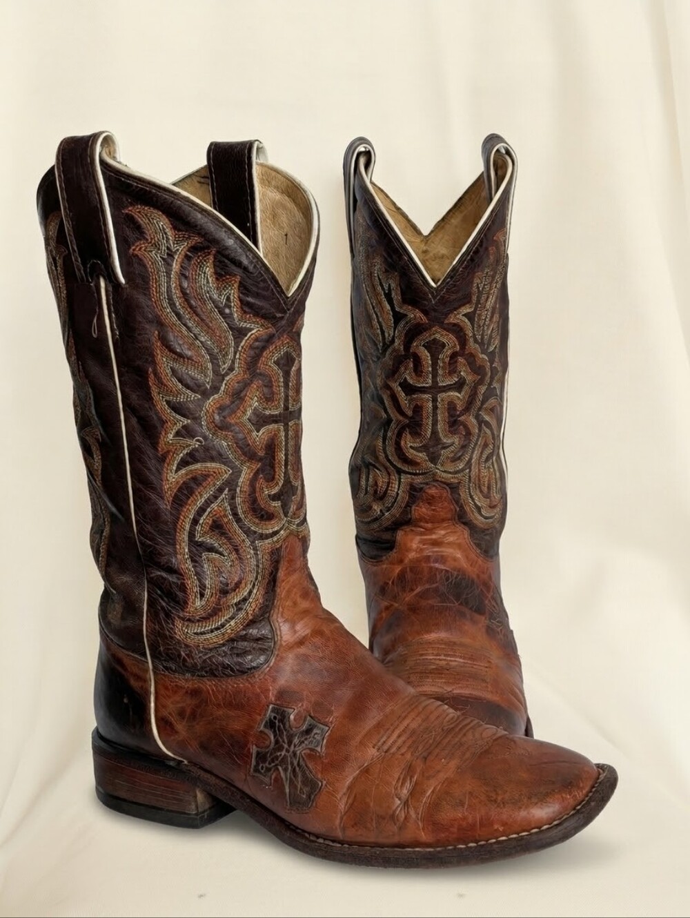 Tony Lama Vintage Leather Cowboy Boots Women's 8 B Brown Cross USA